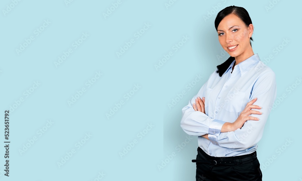 Portrait smiling young woman with crossed arms. Confident female get happy and feel relax Portrait smiling young woman with crossed arms. Confident female get happy and feel relax