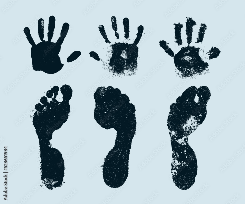 Set of Imprint of palms and feet. Two footprints and two hand prints isolated on white. Vector illustration. Set of Imprint of palms and feet. Two footprints and two hand prints isolated on white. Vector illustration.