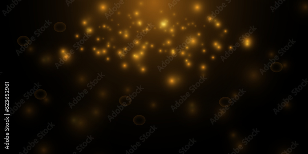 Golden effect glow, glare, explosion, glitter, sun glare, sparks and stars on black background