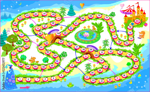 Board game for little children with a dice. Fairyland adventure. Printable page for baby book. Developing counting skills. Study numbers. Vector cartoon illustration for kids. Play online.