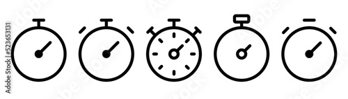 Stopwatch icons set. Timer symbol. Outline stopwatch icon. Alarm pictogram.