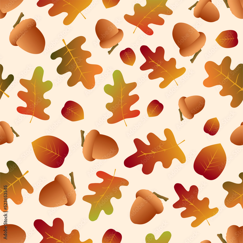 Estampa de otoño, patron jpg de 300 dpi con bellotas y hojas de arboles de roble Estampa de otoño, patron jpg de 300 dpi con bellotas y hojas de arboles de roble