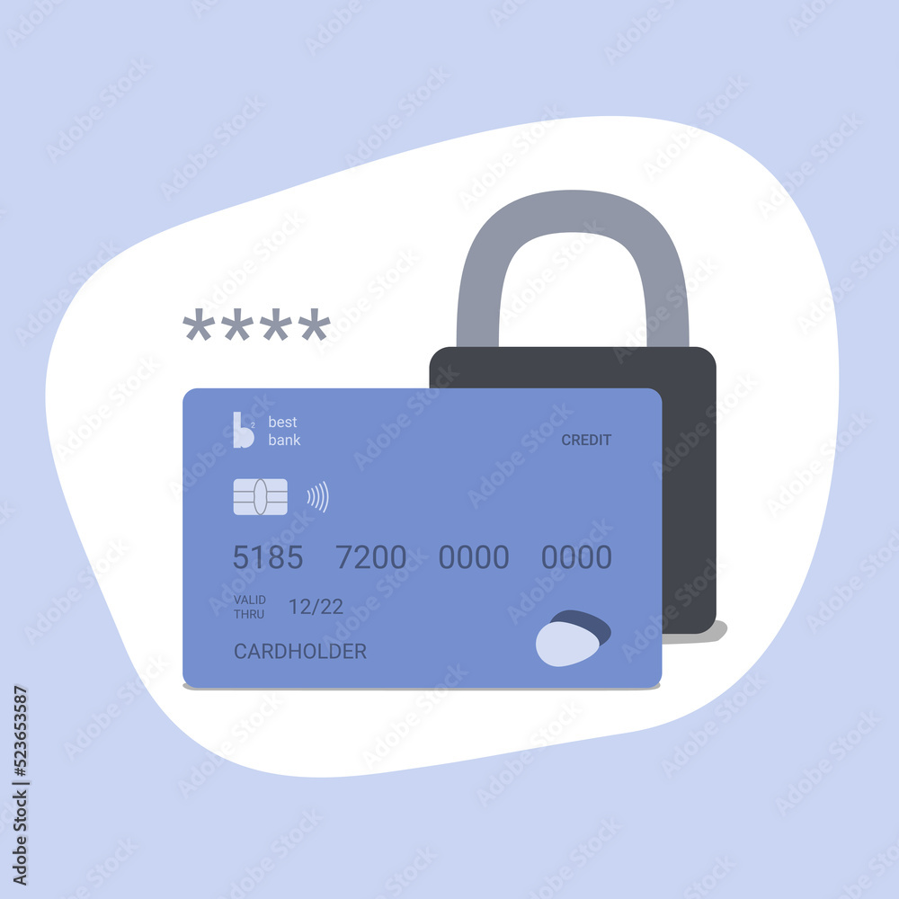 Safety and security for credit card. Minimal vector illustration of bank card and lock. Flat style Safety and security for credit card. Minimal vector illustration of bank card and lock. Flat style