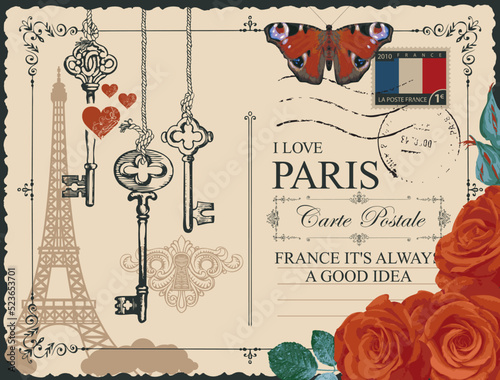 Vintage postcard with famous Parisian Eiffel tower in France. Vector postcard in retro style with beautiful red roses, old keys, keyhole, postmark and words I love Paris on an old paper background