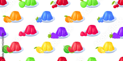 Seamless pattern with colorful sweet dessert jelly, fruits and berries vector illustration.