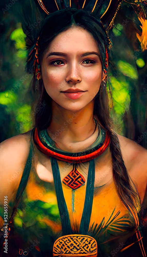 Portrait of an Aztec woman against a background of nature. Aztecs in