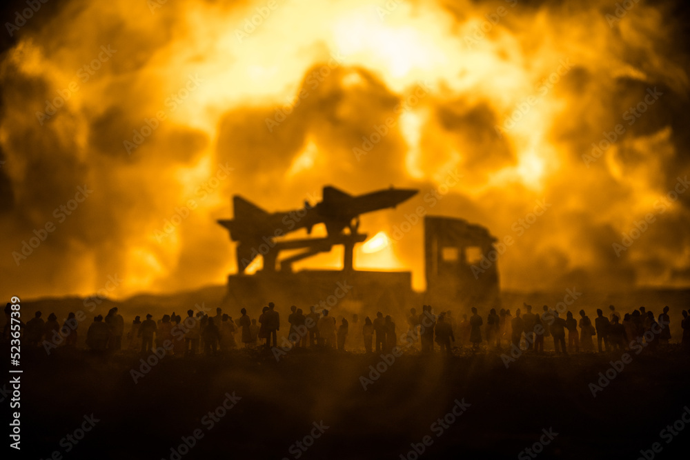 Fototapeta premium Creative artwork decoration war on Ukraine. Crowd looking on giant explosion and attacking soldiers.