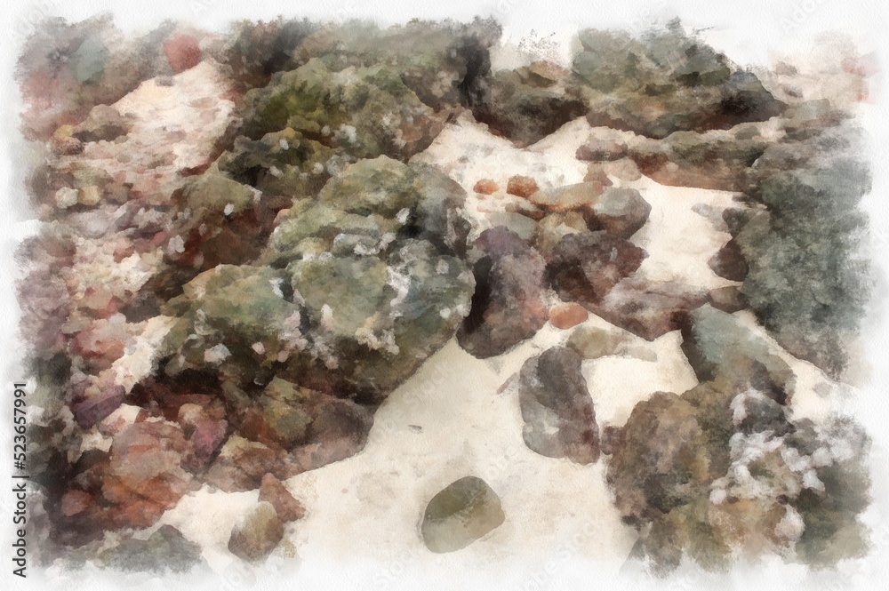 landscape of sea and rocky beach watercolor style illustration impressionist painting.