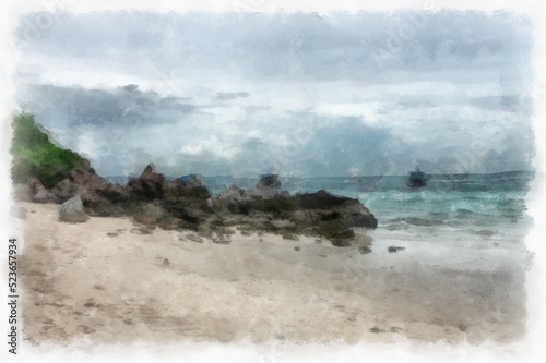 landscape of sea and rocky beach watercolor style illustration impressionist painting.