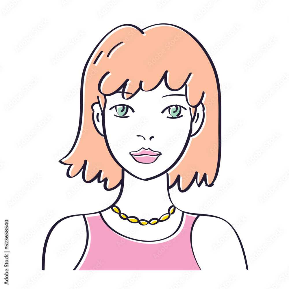 Beautiful elegant fashionable girl or young woman model with bob haircut and bangs face portrait hand drawn pop art line sketch style vector illustration Beautiful elegant fashionable girl or young woman model with bob haircut and bangs face portrait hand drawn pop art line sketch style vector illustration