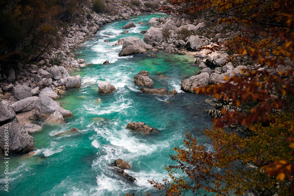 Beautiful Turquoise Coldred Soca River near Trnovo ob Soci Town in Slovenia Julian Alps