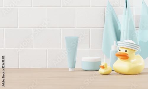 3d render. Baby accessories for bathing on table on tile background. cream shampoo and shower gel bottles  duck toys  towel. 3d