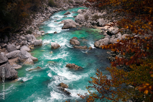 Beautiful Turquoise Coldred Soca River near Trnovo ob Soci Town in Slovenia Julian Alps © Fotopogledi
