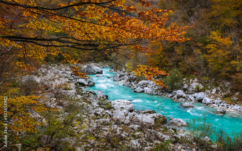 Beautiful Turquoise Coldred Soca River in Trenta Valley Slovenia © Fotopogledi