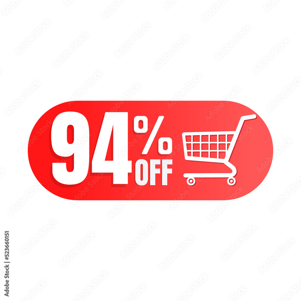 94% off, shopping cart icon, Super discount sale, design in 3D red vector illustration. Ninety-four 94% off, shopping cart icon, Super discount sale, design in 3D red vector illustration. Ninety-four