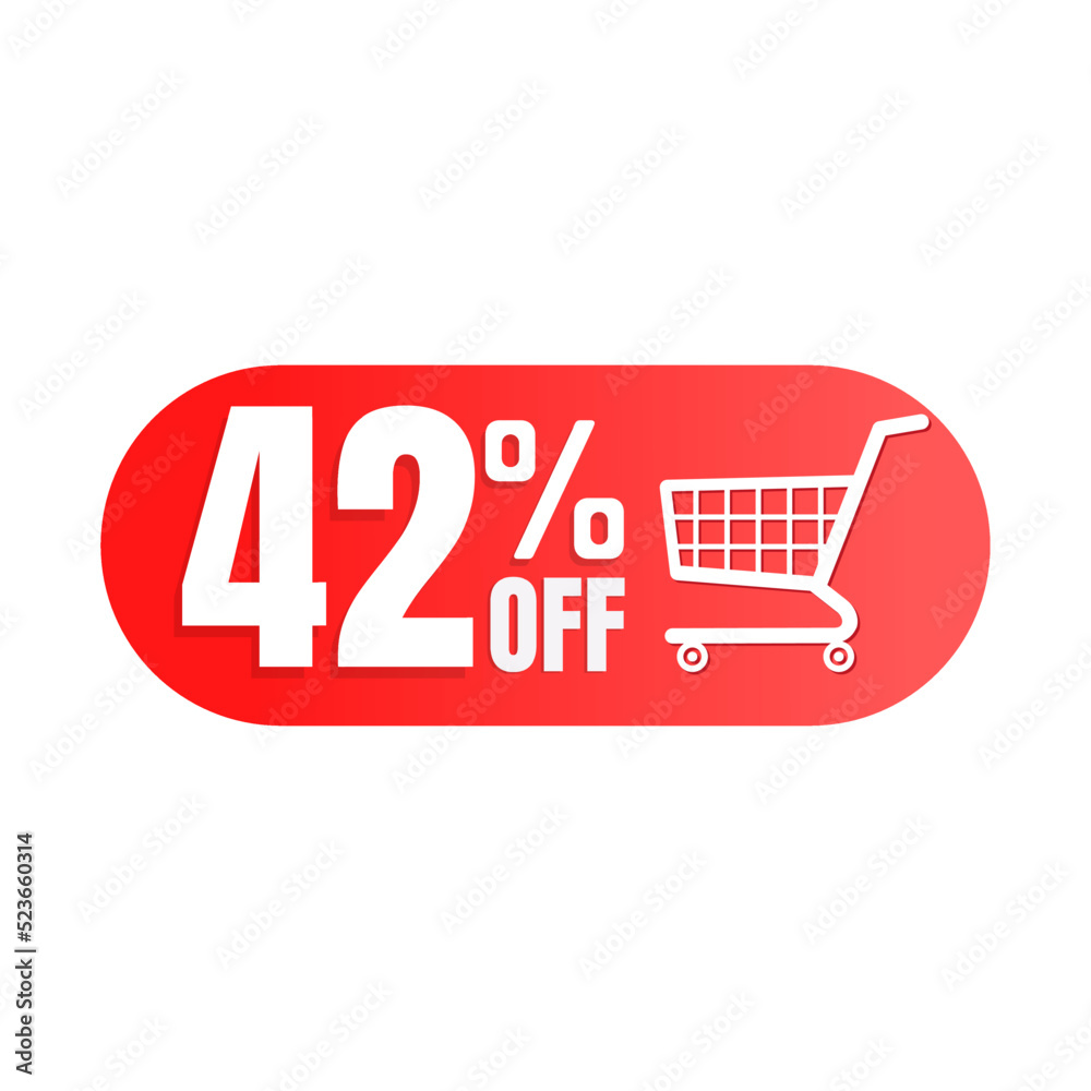 42% off, shopping cart icon, Super discount sale, design in 3D red vector illustration. Forty-two 42% off, shopping cart icon, Super discount sale, design in 3D red vector illustration. Forty-two
