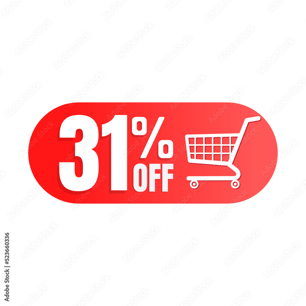 31% off, shopping cart icon, Super discount sale, design in 3D red vector illustration. Thirty-one 31% off, shopping cart icon, Super discount sale, design in 3D red vector illustration. Thirty-one