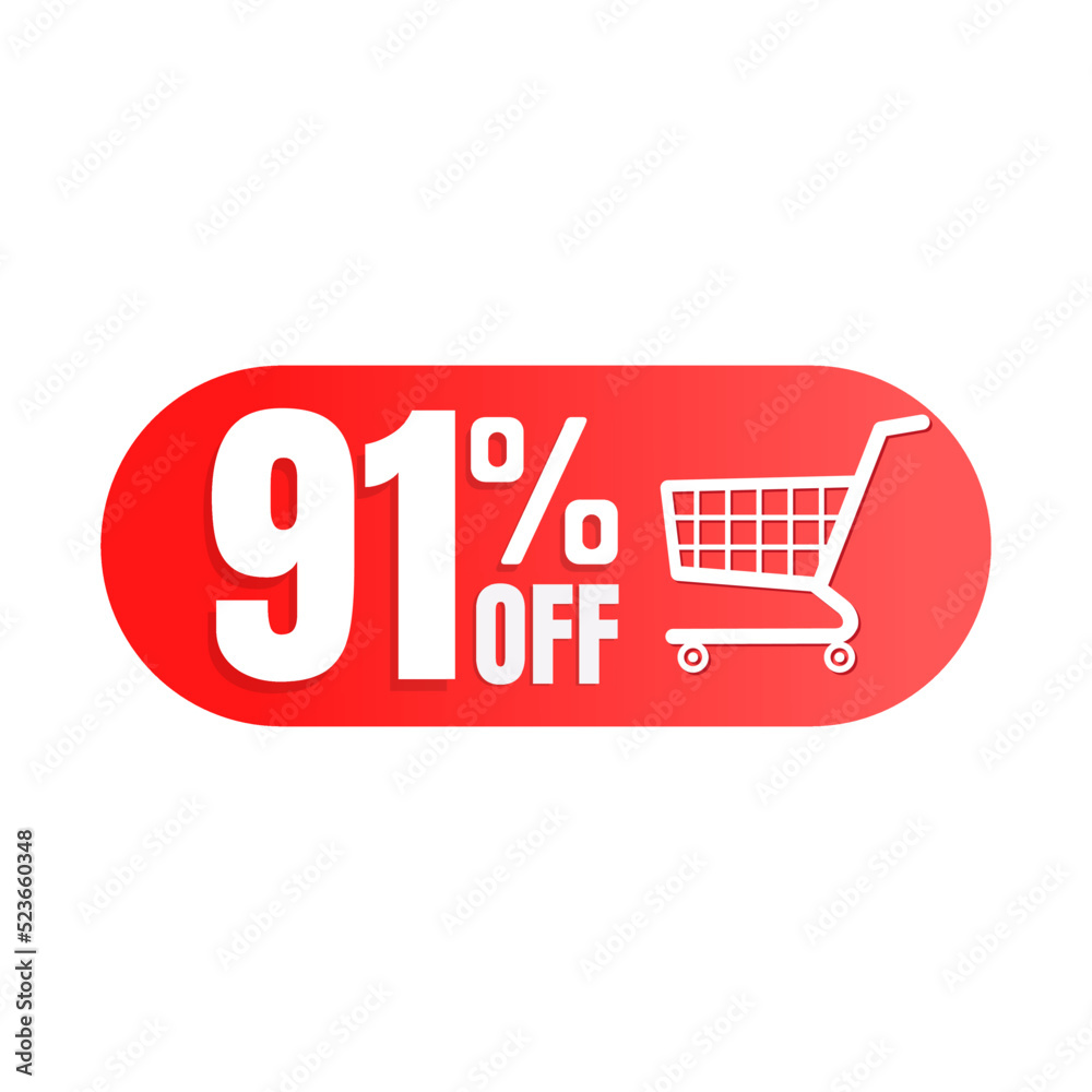 91% off, shopping cart icon, Super discount sale, design in 3D red vector illustration. Ninety one 91% off, shopping cart icon, Super discount sale, design in 3D red vector illustration. Ninety one