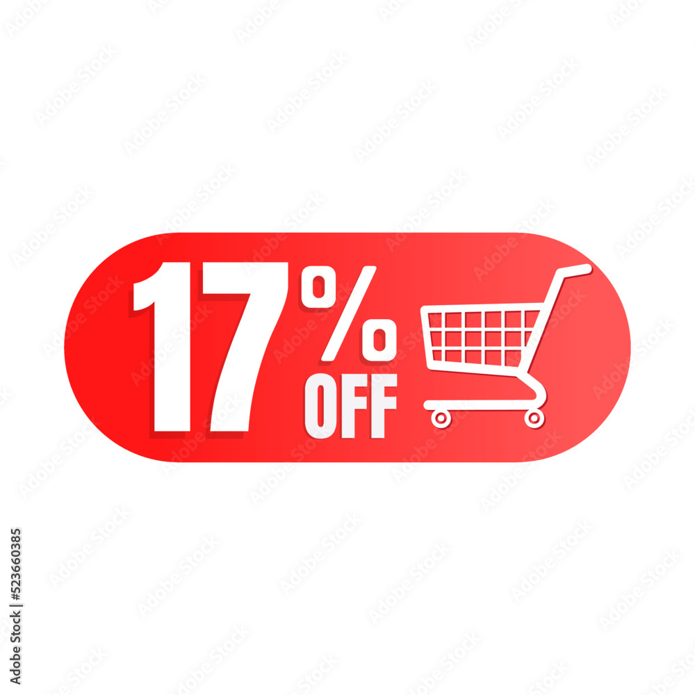 17% off, shopping cart icon, Super discount sale, design in 3D red vector illustration. Seventeen 17% off, shopping cart icon, Super discount sale, design in 3D red vector illustration. Seventeen