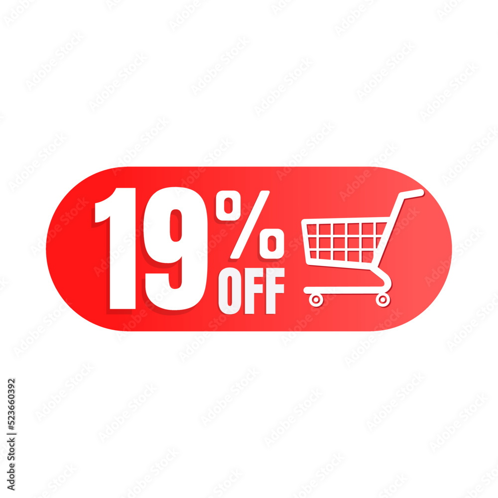 19% off, shopping cart icon, Super discount sale, design in 3D red vector illustration. Nineteen 19% off, shopping cart icon, Super discount sale, design in 3D red vector illustration. Nineteen