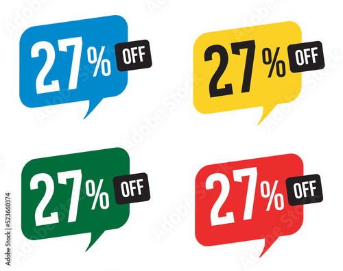 27 percent discount. Blue, yellow, green and red balloons for promotions and offers. Vector Illustration on white background.
