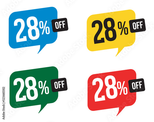 28 percent discount. Blue, yellow, green and red balloons for promotions and offers. Vector Illustration on white background
