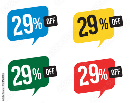 29 percent discount. Blue, yellow, green and red balloons for promotions and offers. Vector Illustration on white background.