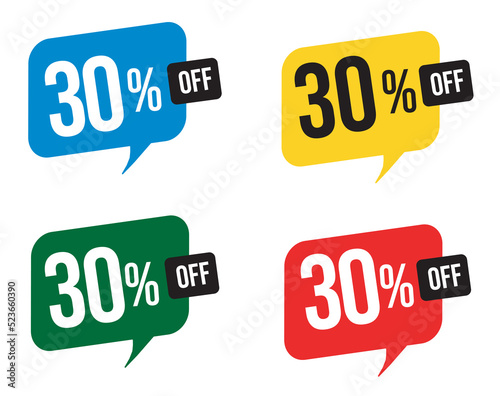 30 percent discount. Blue, yellow, green and red balloons for promotions and offers. Vector Illustration on white background.