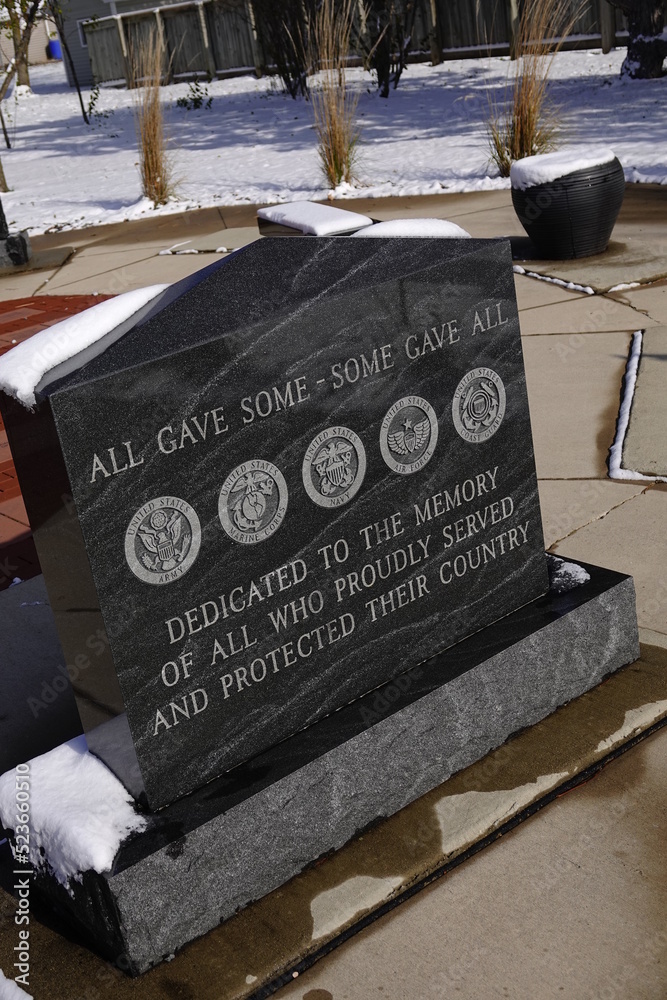 Veteran memorial site in North Fond du Lac Wisconsin during the winter