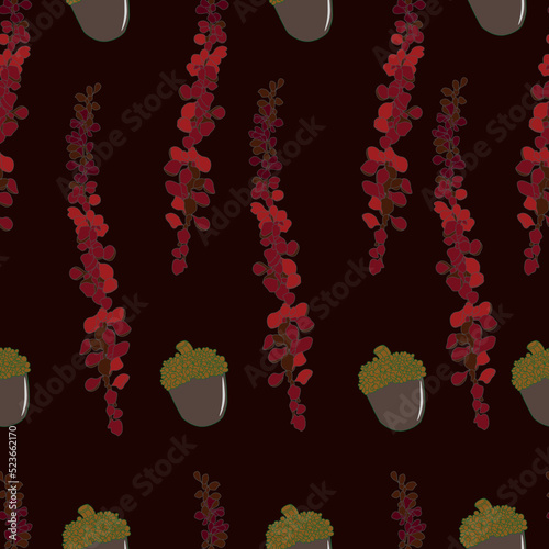 autumn leaves seamless pattern 2. Branches and acorns. Graphic vecot photo