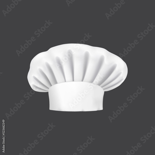 Realistic chef hat, cook cap and baker toque. 3d white chef hat. Cafe or bakery baker 3d vector toque, restaurant cook hat, chef uniform clothing isolated white cap with wrinkles