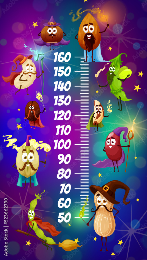 Fototapeta premium Kids height chart nuts wizards and magicians characters. Vector stadiometer growth meter with coconut, almond, cashew and coffee, green pea and soybean pods or kidney peanut. Children height ruler
