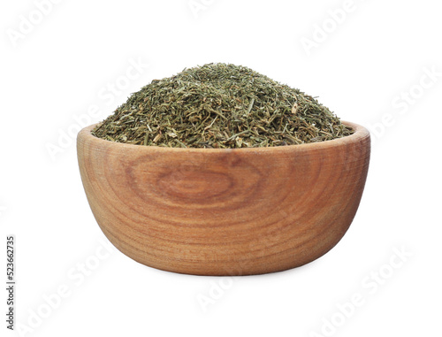 Bowl with aromatic dry dill on white background