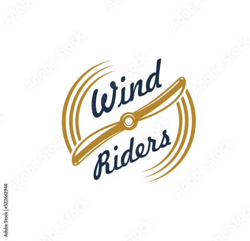 Wind riders. Aviation icon, pilot school or academy vintage emblem, aviators club or airplane repair service workshop retro badge. Vintage planes museum vector icon with aeroplane spinning propeller