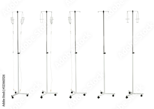 Set with drop counter stands on white background. Medical equipment