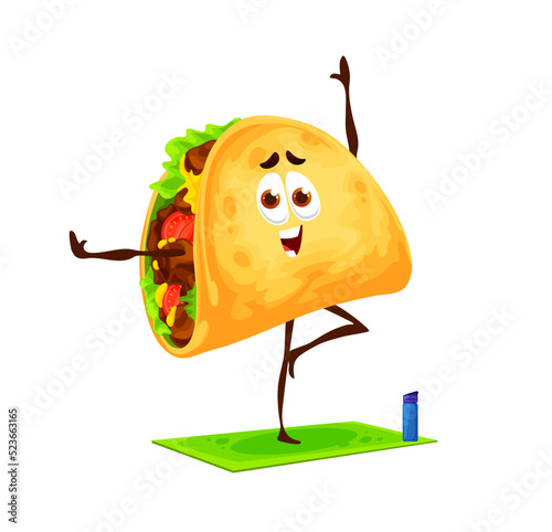 Cartoon mexican tacos character on yoga fitness. Cheerful fast food character or cute mexican meal. Happy smiling tacos vector personage standing in yoga pose on fitness mat