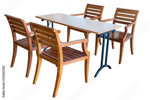 Dining table and wooden chairs.