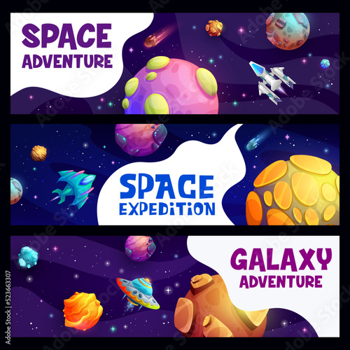 Space expedition and adventure, spacecrafts in starry galaxy. Cartoon vector banners with ufo saucers, planets, shuttles, meteorites, comets and asteroids in universe. Cosmos exploration