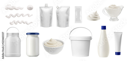 Mayonnaise sauce food package mockup. Realistic 3d vector containers, plastic and glass jars. Mayonnaise strokes or splashes, fresh product in isolated bowls, boxes, sachet packs, buckets and bottles