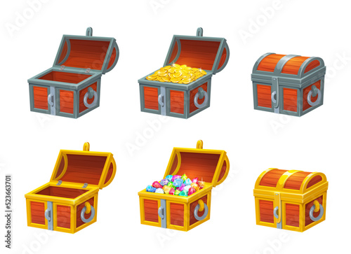 Cartoon chest treasure box with gold coins and gemstones, vector pirate treasure. Open wooden chests with gold, jewel crystals or empty with locks, pirate treasure game asset