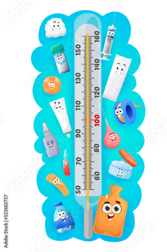Cartoon medication, pills and drugs characters. Kids height chart growth meter. Cartoon vector wall sticker with cute clyster, bandage and patch plaster, syringe and thermometer personages