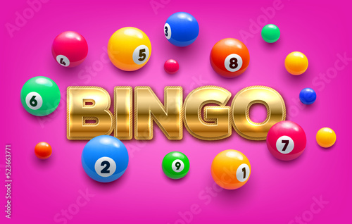 Bingo lottery vector 3d colorful balls with lucky combination numbers on pink background. Lotto jackpot, keno, casino gambling game, prize raffle and winner success banner with vibrant spheres