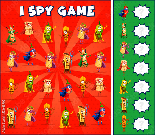 I spy game superhero cartoon funny mexican tex mex food characters. Educational vector worksheet quiz with comic personages tequila, tacos, churros, tamales and jalapeno pepper, cartoon riddle