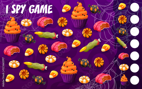 Halloween I spy game worksheet of holiday sweets, candies and cobweb. Vector riddle puzzle or counting game with horror trick or treat food, pumpkin cake, candy corn, witch finger cookie and toffee