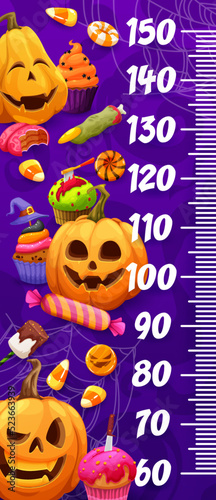 Kids height chart ruler with Halloween cartoon holiday pumpkins, sweets and candies. Vector ruler of growth measure meter, trick or treat food stadiometer, scale sticker with cakes, candy corn, cookie