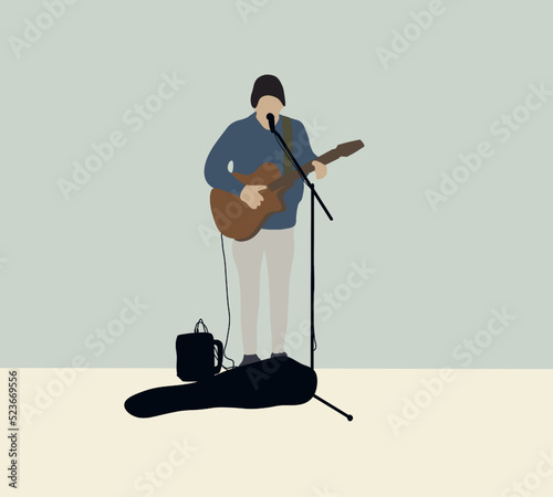 Man playing acoustic guitar and singing song on street performer concert for money. Classic Musician artist on public park.