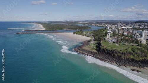 Point Danger Next To Duranbah Beach In Tweed Heads, New South Wales. Tweed River And Sand Bypassing System In Background. aerial photo