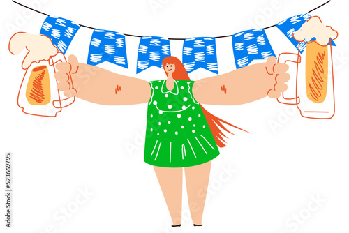 Cartoon waitress with glasses of beer. Vector character from the beer festival. A man distributing alcohol against the background of blue checkered flags.