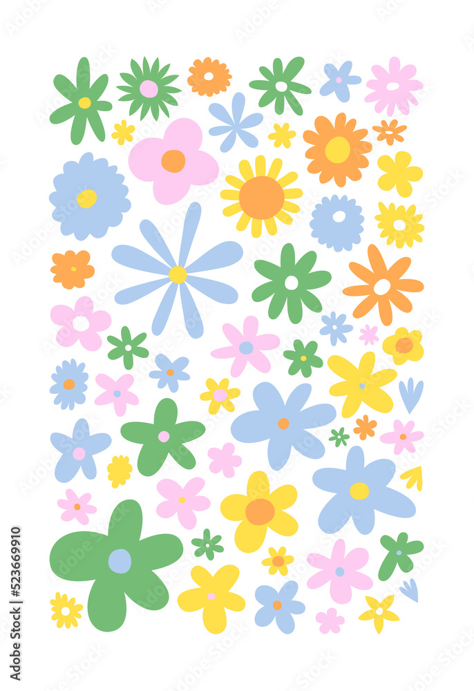 Trendy floral print illustration. Set of vintage 70s style flowers on isolated background. Colorful pastel color groovy artwork collection, y2k nature poster with spring plants.