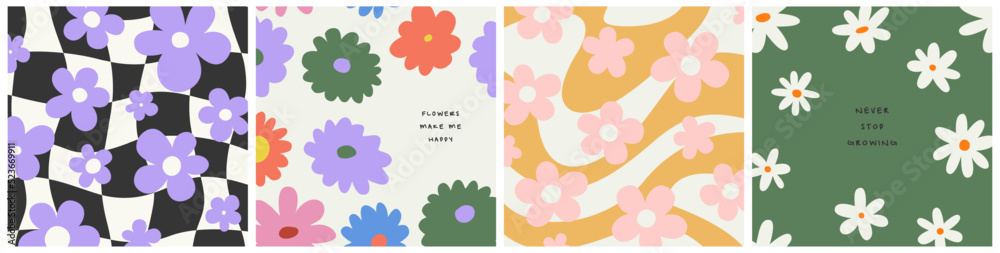 Trendy floral print artwork collection. Set of vintage 70s style flower poster illustration. Colorful pastel color groovy bundle, y2k nature backgrounds with happy quote.